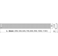 Sprchový žľab Alca s rozmermi 294, 544, 644, 744, 844, 944, 1044 alebo 1144 milimetrov.