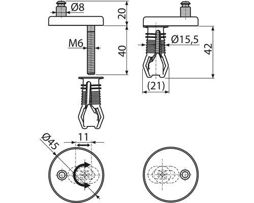 Technický nákres upevňovacieho kovania pre WC sedadlo s rozmermi