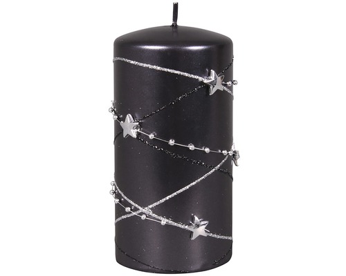 Vianočná sviečka Girlanda valec Ø7x14 cm čierna Čierna stĺpová sviečka so vzorom hviezd