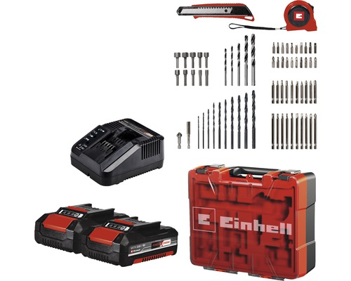 Sada náradia Einhell s akumulátormi, nabíjačkou, zvinovacím metrom, odlamovacím nožom, vrtákmi a bitmi v kufríku