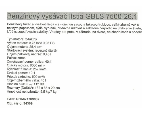 Technické údaje benzínového vysávača lístia GBLS 7500-26.1