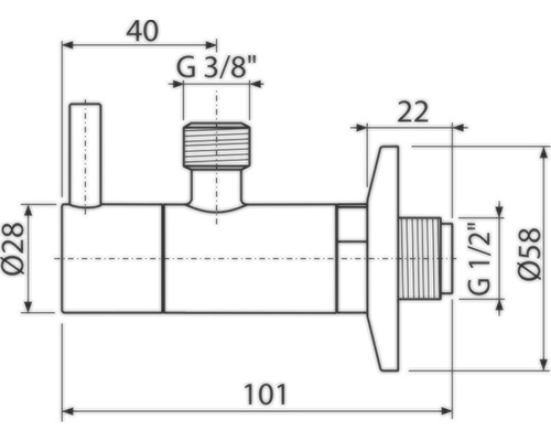 Technický nákres rohového ventilu s rozmermi