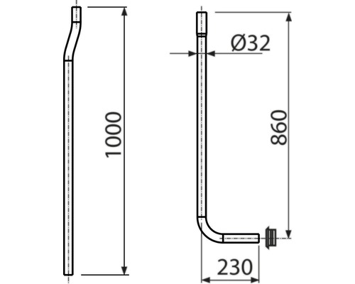 Technický nákres sifónu s rozmermi 1000 mm, 860 mm a 230 mm a priemerom 32 mm.