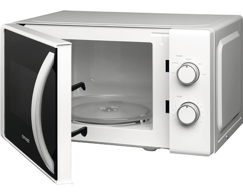 Otvorená biela mikrovlnná rúra s otočným tanierom