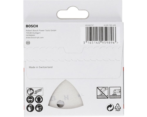 Logo spoločnosti Bosch. Balenie brúsneho papiera trojuholníkového tvaru pre brúsky.