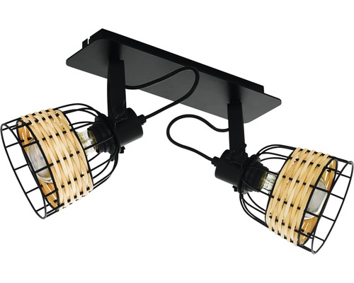 Stropné svietidlo s dvomi tienidlami z kovu a ratanu