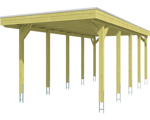 Drevený carport s rovnou strechou a oceľovými podperami