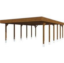 Drevený carport s plochou strechou a oceľovými podperami