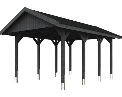 Drevený carport so sedlovou strechou a niekoľkými stĺpikmi
