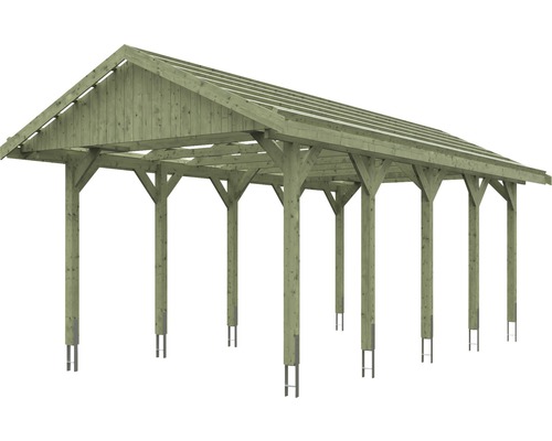 Drevený carport so sedlovou strechou a oceľovými kotvami stĺpikov