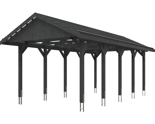 Drevený carport so sedlovou strechou a oceľovými pätkami