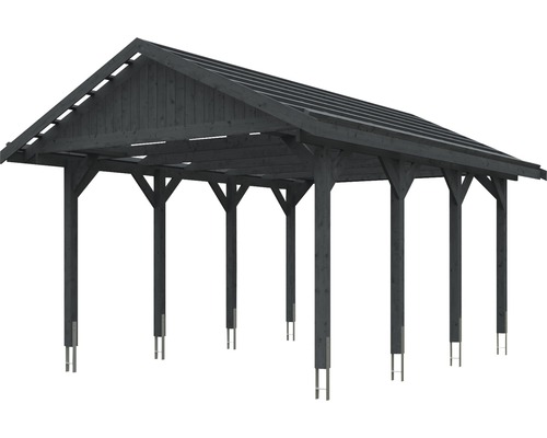 Drevený carport so sedlovou strechou a kovovými kotvami stĺpikov