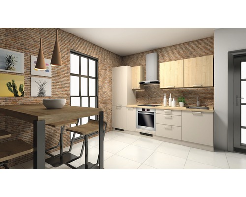 Svetlá kuchyňa s jedálenským kútom, rúrou a digestorom pred tehlovou stenou