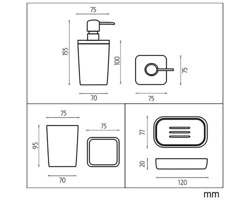 Rozmery pre dávkovač mydla, pohár na zubné kefky, misku na mydlo a držiak toaletného papiera