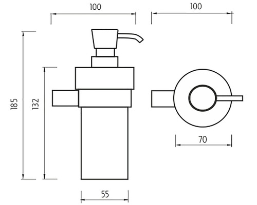 Technický nákres dávkovača mydla s rozmermi