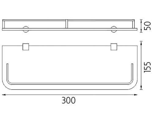 Technický nákres sprchovej poličky s rozmermi.