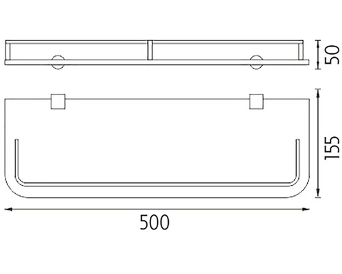 Technický nákres sprchovej police s rozmermi 500 x 155 x 50 mm