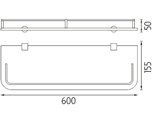 Technický nákres kúpeľňovej police s rozmermi 600 x 155 x 50 milimetrov.