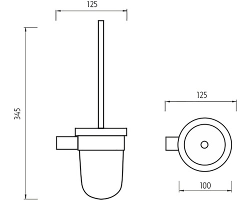 Technický nákres WC kefy s držiakom a rozmermi