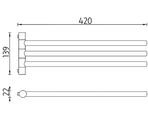 Technický výkres držiaka na uteráky s tromi ramenami a rozmermi