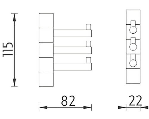 Technický nákres držiaka na uteráky s tromi ramenami a rozmermi