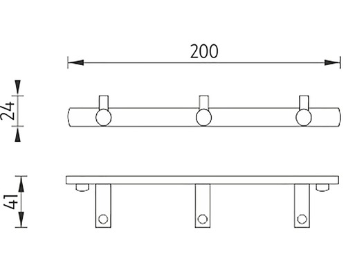 Technický nákres vešiakovej lišty s tromi háčikmi a rozmermi.