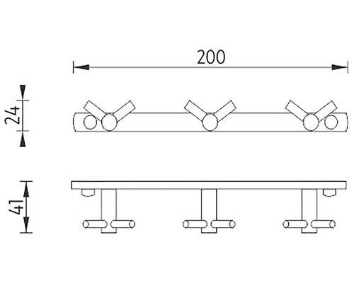 Technický nákres nástenného vešiaka s tromi háčikmi a rozmermi.