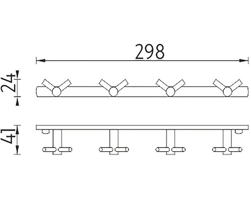 Technický nákres vešiaka so štyrmi háčikmi a rozmermi