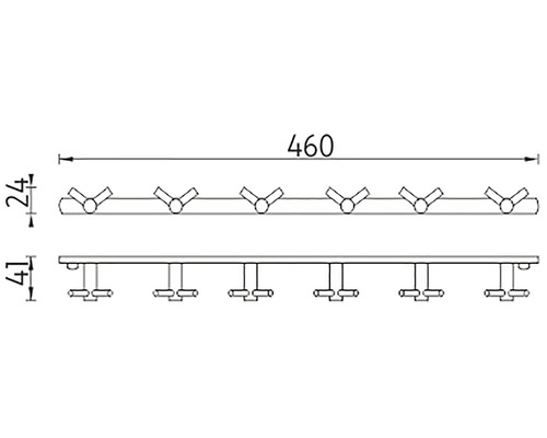 Technický nákres vešiakovej lišty so šiestimi háčikmi a rozmermi