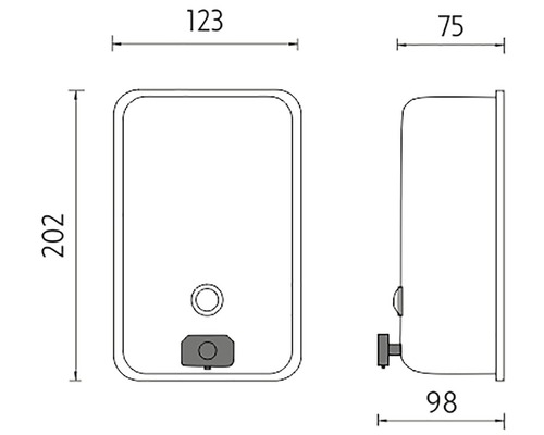 Technický nákres dávkovača mydla s rozmermi