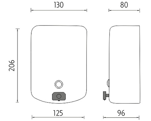 Rozmerový nákres ohrievača vody s rozmermi 206 x 130 x 80 mm