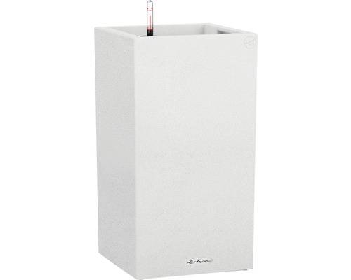 Štvorcový kvetináč so zavlažovacím systémom a ukazovateľom hladiny vody.