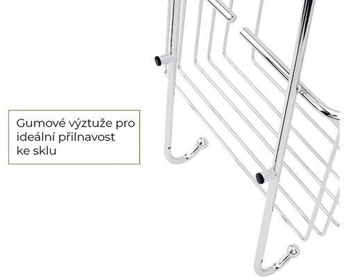 Detail chrómovej kúpeľňovej police s gumenými výstuhami pre ideálnu priľnavosť.