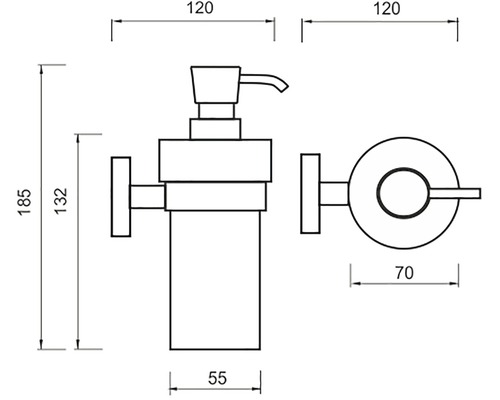 Technický výkres dávkovača mydla s rozmermi