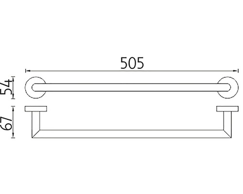 Technický nákres držiaka na uteráky s rozmermi 505 mm šírka, 54 mm výška a 67 mm hĺbka.