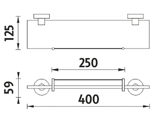 Technický nákres držiaka na papierové rolky s rozmermi 125, 250, 59 a 400 milimetrov.