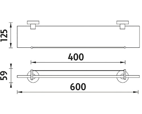 Technický nákres kúpeľňovej police s držiakom na uteráky a rozmermi.