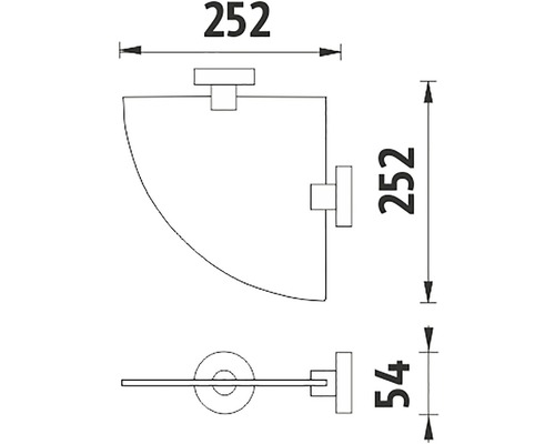 Technický nákres rohovej police s rozmermi