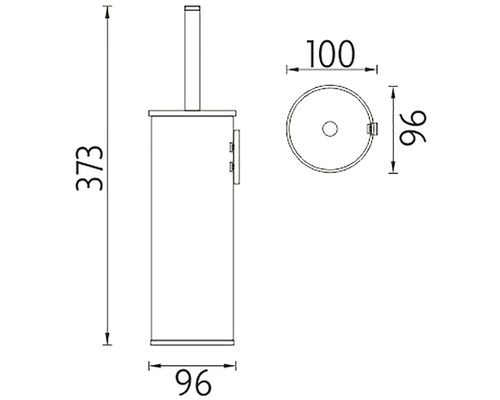 Technický nákres WC kefy s rozmermi výška 373 mm, šírka 96 mm, hĺbka 100 mm.