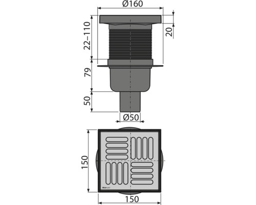 Technický nákres podlahového odtoku s rozmermi