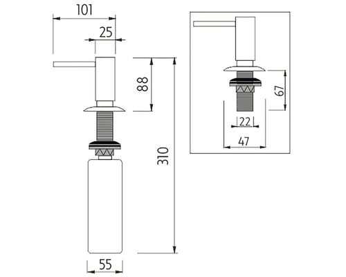 Technický nákres dávkovača mydla s rozmermi