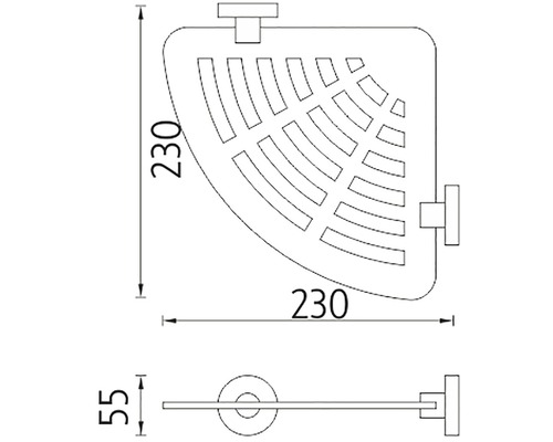 Technický nákres rohovej sprchy s rozmermi 230 krát 230 krát 55 milimetrov.