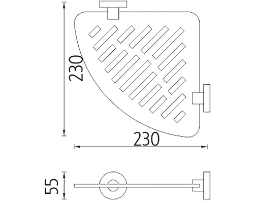 Technický nákres rohovej police s rozmermi