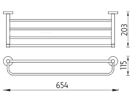 Technický nákres držiaka na uteráky s rozmermi 654 x 203 x 115 milimetrov.