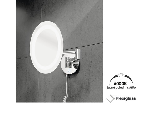 Okrúhle osvetlené kozmetické zrkadlo na montáž na stenu s plexisklom