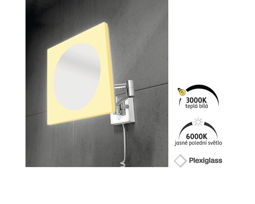Štvorcová zrkadlová skrinka s osvetlením a otočným ramenom na montáž na stenu