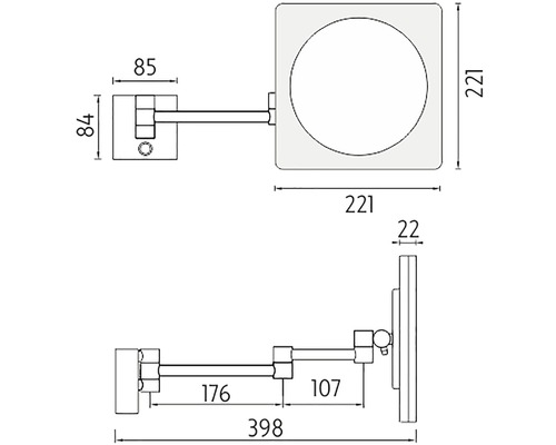 Rozmerový nákres nástenného zrkadla s otočným ramenom a štvorcovou zrkadlovou plochou vrátane rozmerov