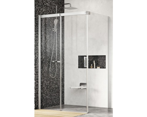 Sprchový kút RAVAK Matrix MSDPS-100/100 R satin+Transparent 0WPAAU00Z1 Sprchovací kút s hlavovou sprchou, ručnou sprchou, sedadlom a úložnými priestormi na kúpeľňové produkty