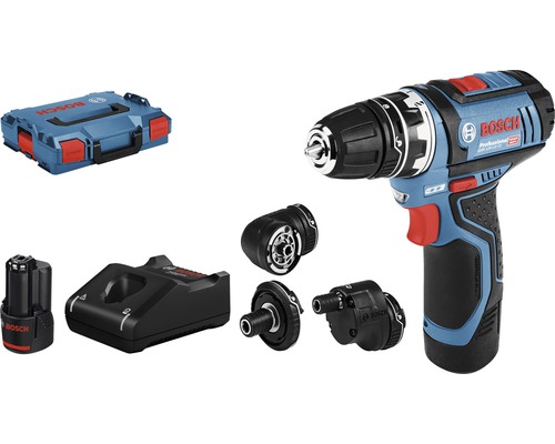 Aku vŕtačka/skrutkovač Bosch Professional GSR 12V-15 FC, vrátane 2 batérií (2,0 Ah), 4 nadstavcov a L-BOXX, 06019F6000 Akumulátorový vŕtací skrutkovač Bosch s príslušenstvom, akumulátorom, nabíjačkou a prepravným kufríkom