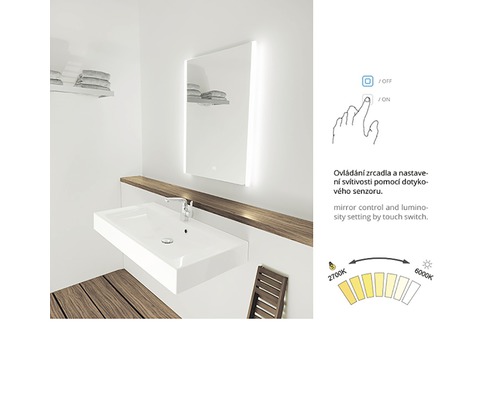 Kúpeľňa s umývadlom, osvetleným zrkadlom a dotykovým spínačom na ovládanie jasu